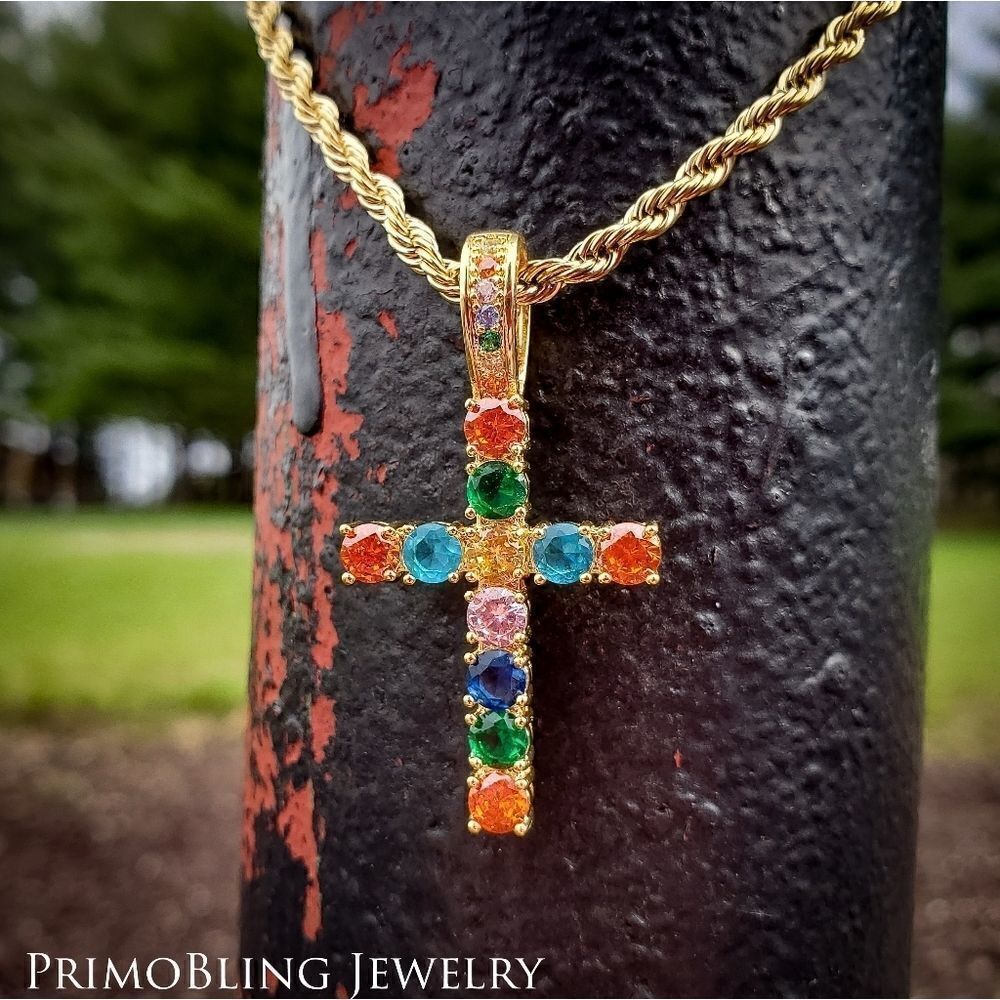 Multicolored Simulated Diamond Cross Necklace - Picture 3 of 4